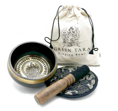 Green Tara Hand Beaten & Engraved Singing Bowl Gift Set