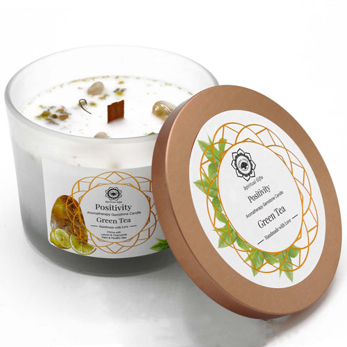 Green Tea and Citrine Crystal Candle for Positivity