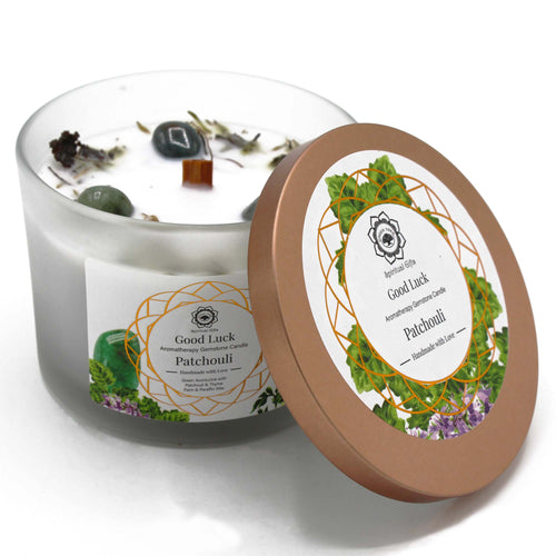 Patchouli and Green Aventurine Gemstone Candle For Good Luck