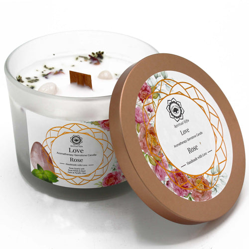 Rose and Rose Quartz Gemstone Candle For Love