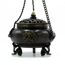 Load image into Gallery viewer, Large Brass Tibetan Burner - Four Symbol Hanging Pot