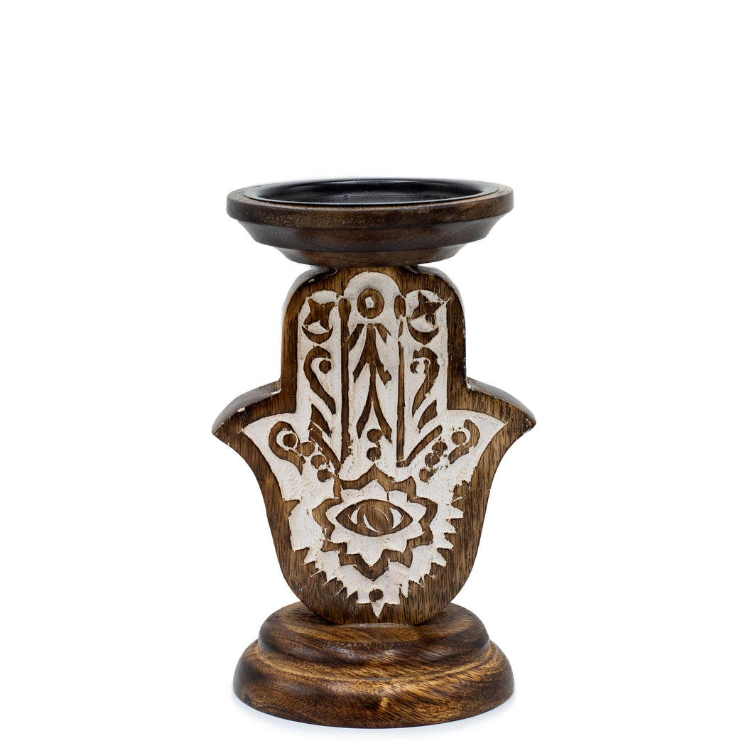 Small Mango Wood Hamsa Candle Stand