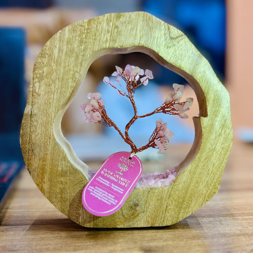 Roze Quartz Gemstone Tree Garden in Mango Wood