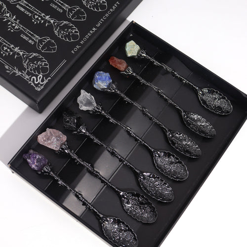 Set of 7 Dark Silver Crystal Witch Spoons