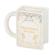 Load image into Gallery viewer, Read Books Be Kind White Book Shaped Mug