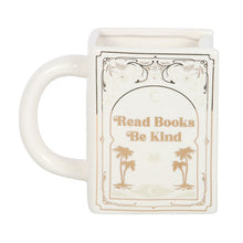 Load image into Gallery viewer, Read Books Be Kind White Book Shaped Mug