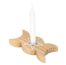 Load image into Gallery viewer, Natural Wooden Triple Moon Spell Candle Holder