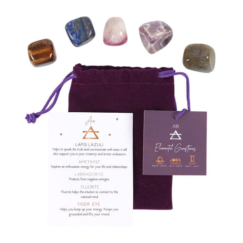 Air Element Crystal Set.  Aquarius, Gemini and Libra are signs ruled by the element of air and are known to be intellectual and highly social. This stunning set of 5 elemental tumblestones includes Lapis Lazuli for communication, Amethyst for energy, Labradorite for protection, Fluorite for intuition and Tiger Eye for improving mood. Beautifully presented in a protective velvet drawstring bag with hang tag and informative insert card.