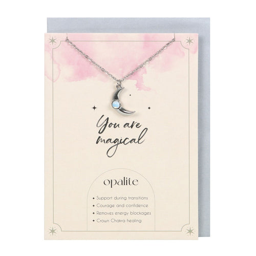 Opalite Crescent Moon Necklace & Card.  This inspiring 'You Are Magic' greeting card features a silver-tone crescent moon necklace accented by an opalite stone. Opalite is a manmade stone reminiscent of opal and moonstone, used to promote courage and remove energy blockages. 22cm chain with lobster clasp closure.