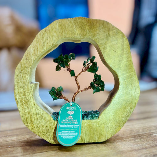 Green Aventurine Gemstone Tree Garden in Mango Wood