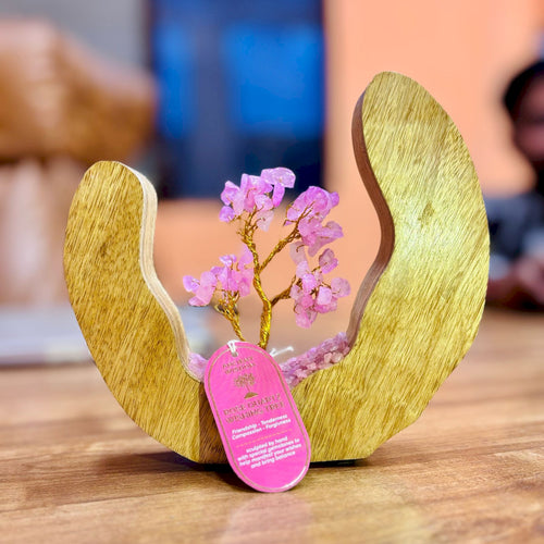 Roze Quartz Gemstone Tree Garden in Mango Wood Open Ring