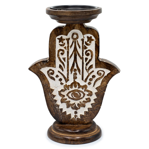 Medium Mango Wood Hamsa Candle Stand