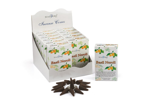 Basil Neroli Stamford Incense Cones.  Each pack of incense cones comes with a metal holder and contains approx. 15 incense cones.  Made from perfumery raw materials only.  Burn time 20 minutes approx. per cone.