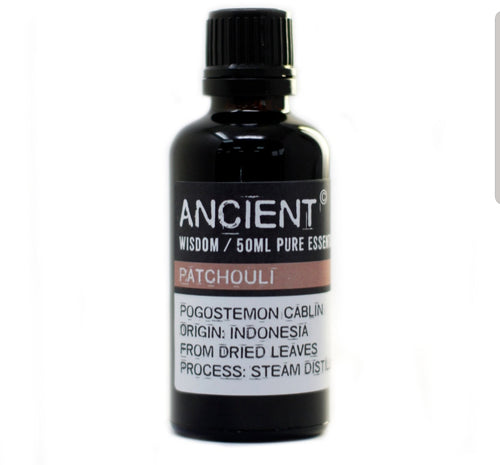 Patchouli essential oil is said to have a balancing effect on the emotions and create an amorous atmosphere.  When used in an oil burner, it eases anxiety and depression. Used in bath water, it is   believed to help skin and scalp complaints, fungal infections, fluid retention, break down cellulite and ease constipation. It has excellent tissue regenerating properties, speeds up healing and fights infections. Thus, it helps acne, eczema, weeping sores, ulcers, and athlete's foot.
