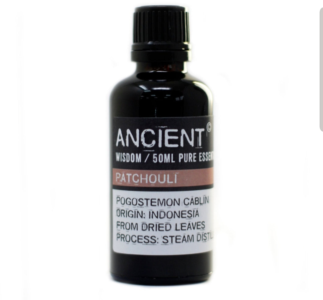 Patchouli essential oil is said to have a balancing effect on the emotions and create an amorous atmosphere.  When used in an oil burner, it eases anxiety and depression. Used in bath water, it is   believed to help skin and scalp complaints, fungal infections, fluid retention, break down cellulite and ease constipation. It has excellent tissue regenerating properties, speeds up healing and fights infections. Thus, it helps acne, eczema, weeping sores, ulcers, and athlete's foot.