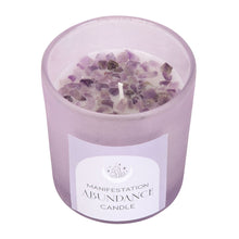 Load image into Gallery viewer, Abundance French Lavender Crystal Chip Candle.  Manifest abundance with this stunning French Lavender fragranced candle. A purple frosted glass holder and metallic lid are accented by a scattering of amethyst crystal chips that can later be reused for a multitude of spiritual purposes. 