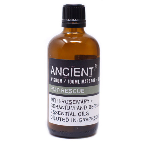 PMT Rescue Massage Oil.  These Massage Oils are blended in Grape Seed Oil.  Contains 100ml.  Essential Oil Ingredients:  Rosemary Geranium Bergamot